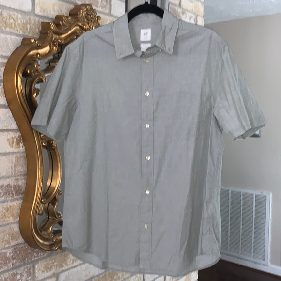H&M Men's Medium Regular Fit Short Sleeve Shirt Button Up Light Gray - Picture 1 of 6